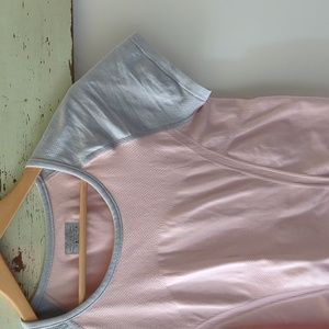 ATHLETA I Pink & Grey Color Block Fast Track Short Sleeve Athletic Tee Top, M